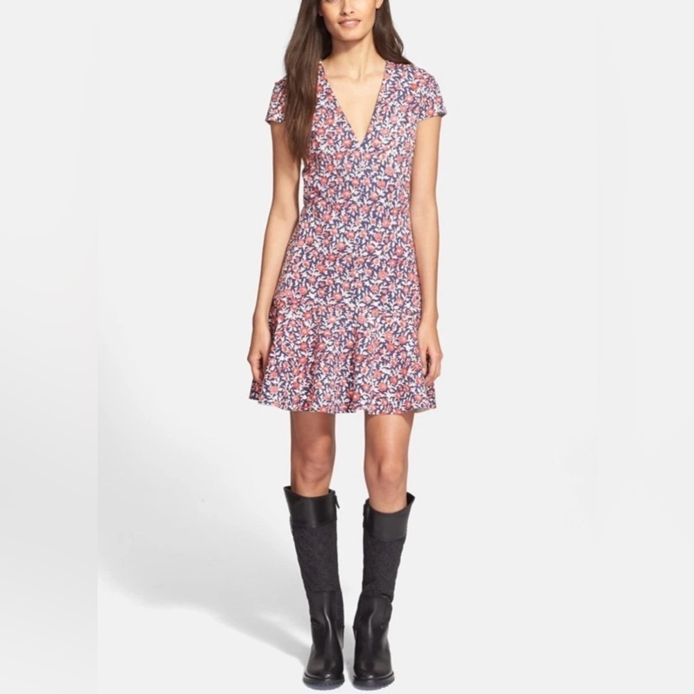 Tory Burch Calico Floral Fit & Flare Dress V-Neck Short Sleeve XS Like New - Picture 1 of 9
